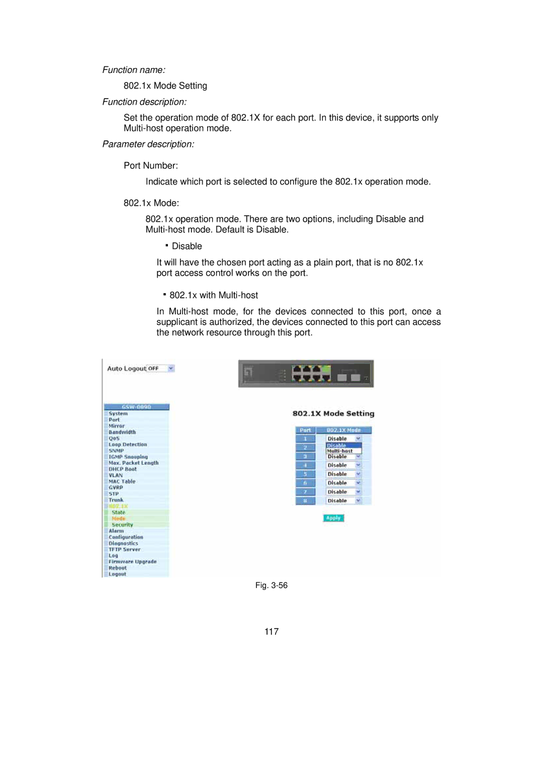 LevelOne GSW-0890 user manual 802.1x Mode Setting 