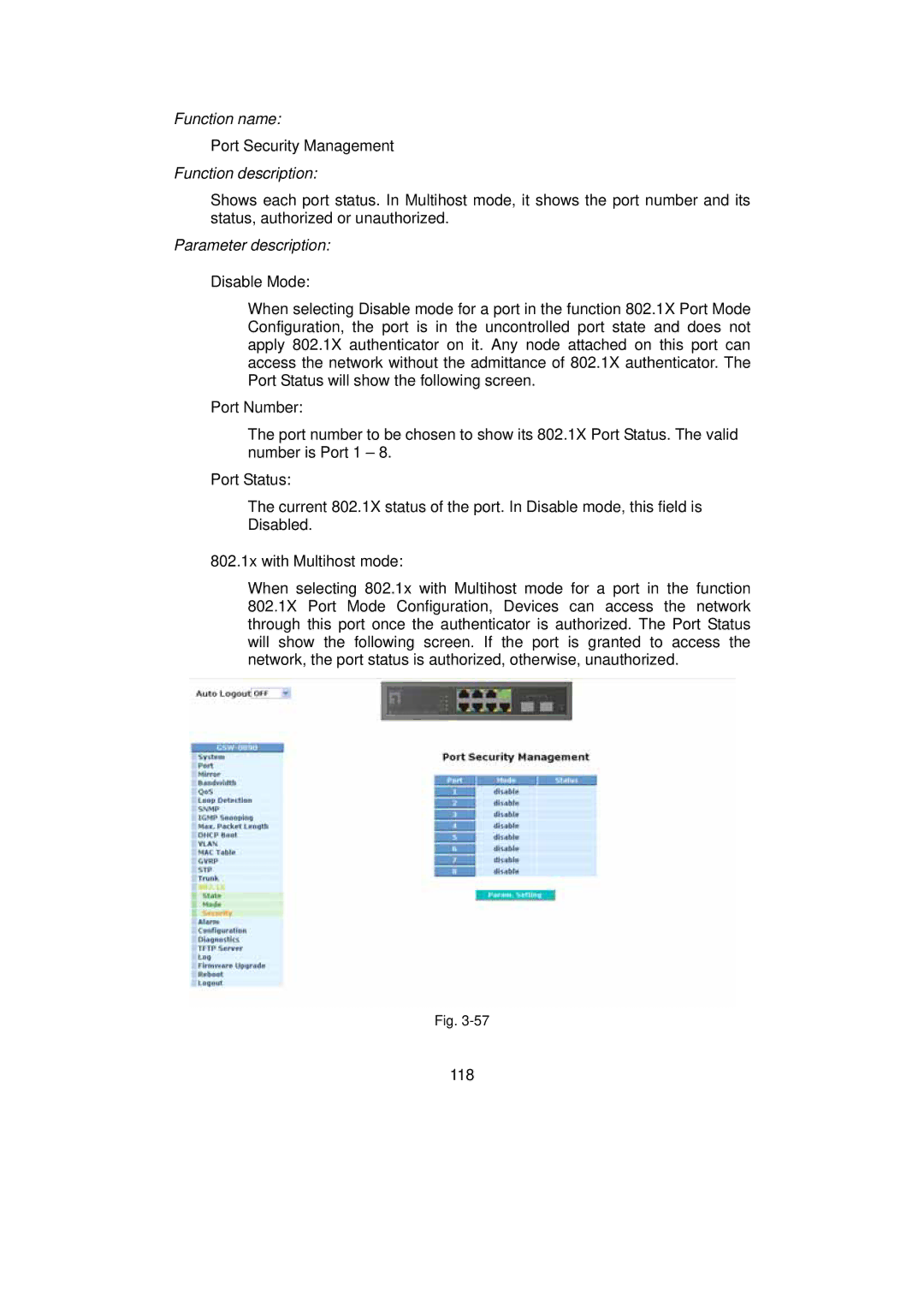 LevelOne GSW-0890 user manual Port Security Management 