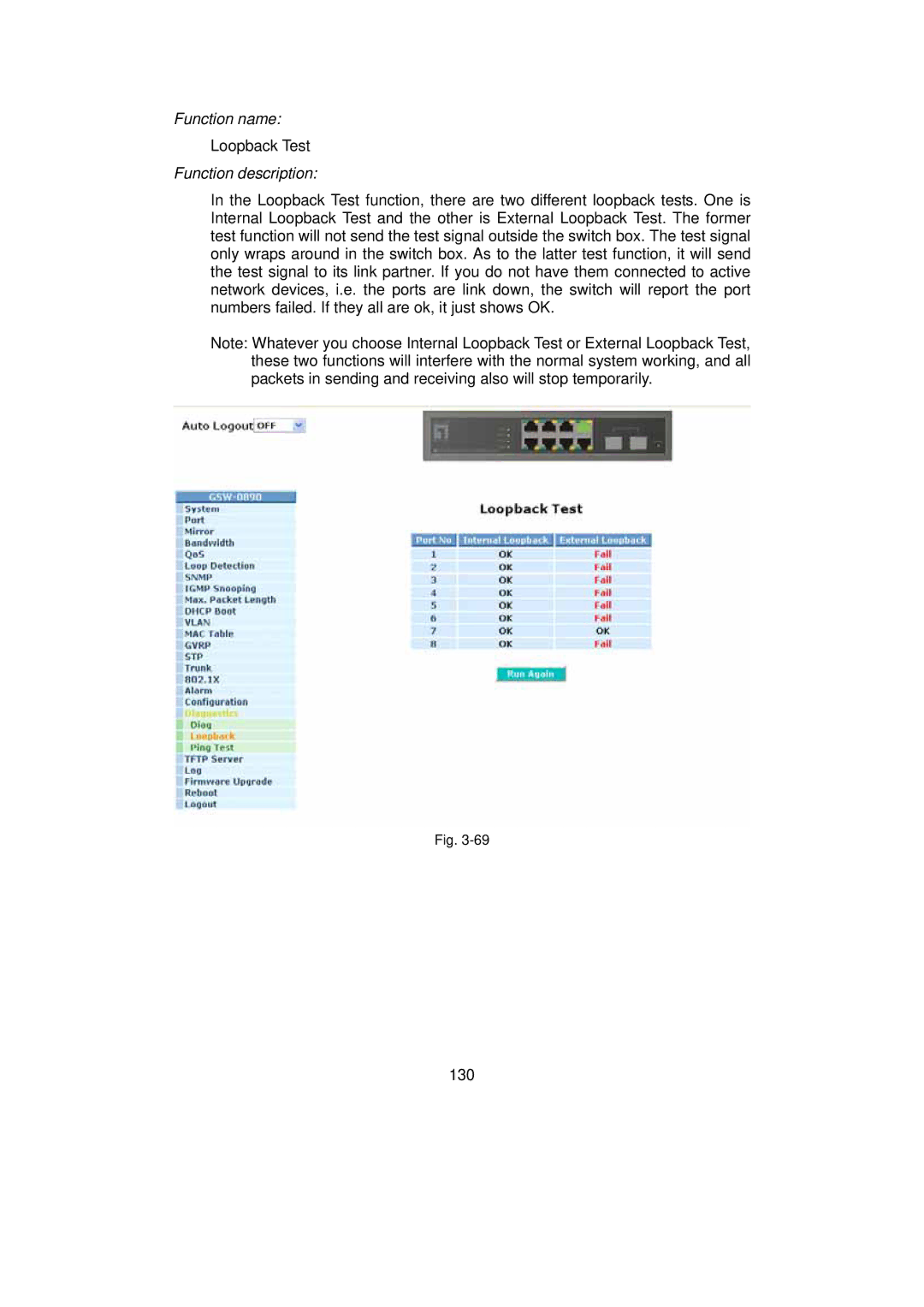 LevelOne GSW-0890 user manual Loopback Test 