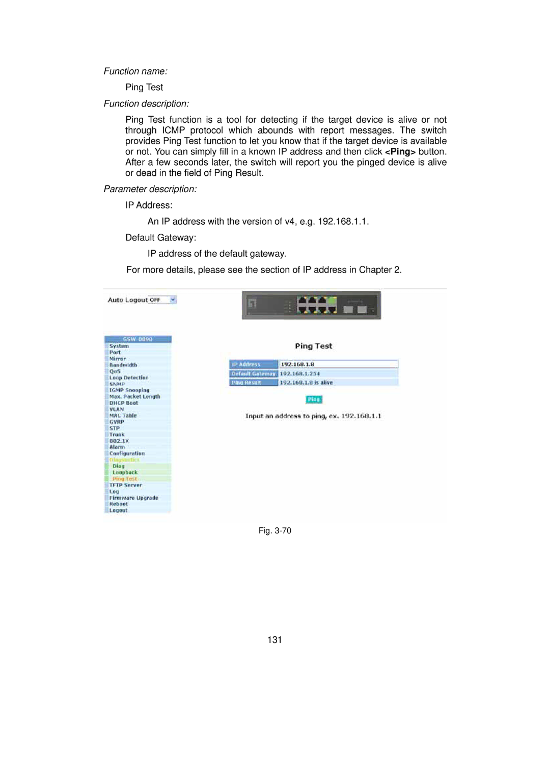 LevelOne GSW-0890 user manual Ping Test 