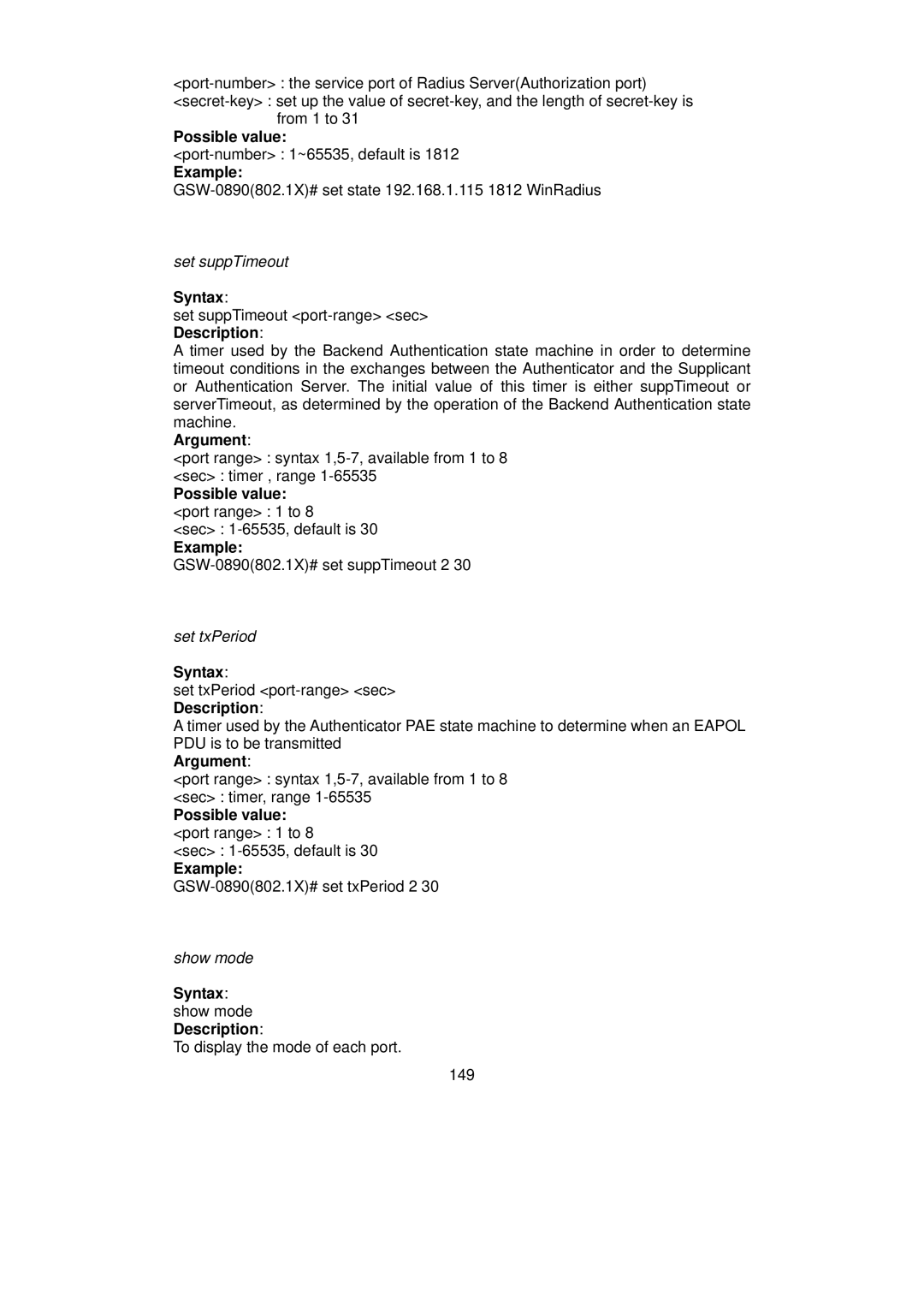 LevelOne GSW-0890 user manual Possible value, Syntax show mode Description 