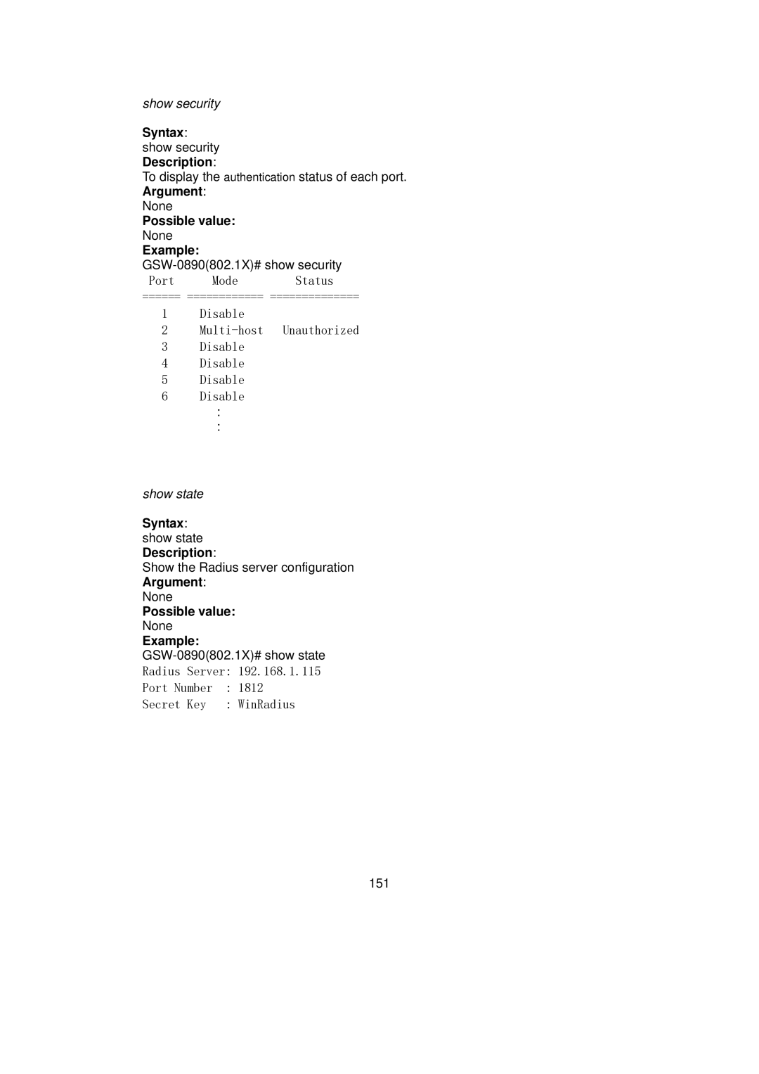 LevelOne GSW-0890 user manual Syntax show security Description, Syntax show state Description 