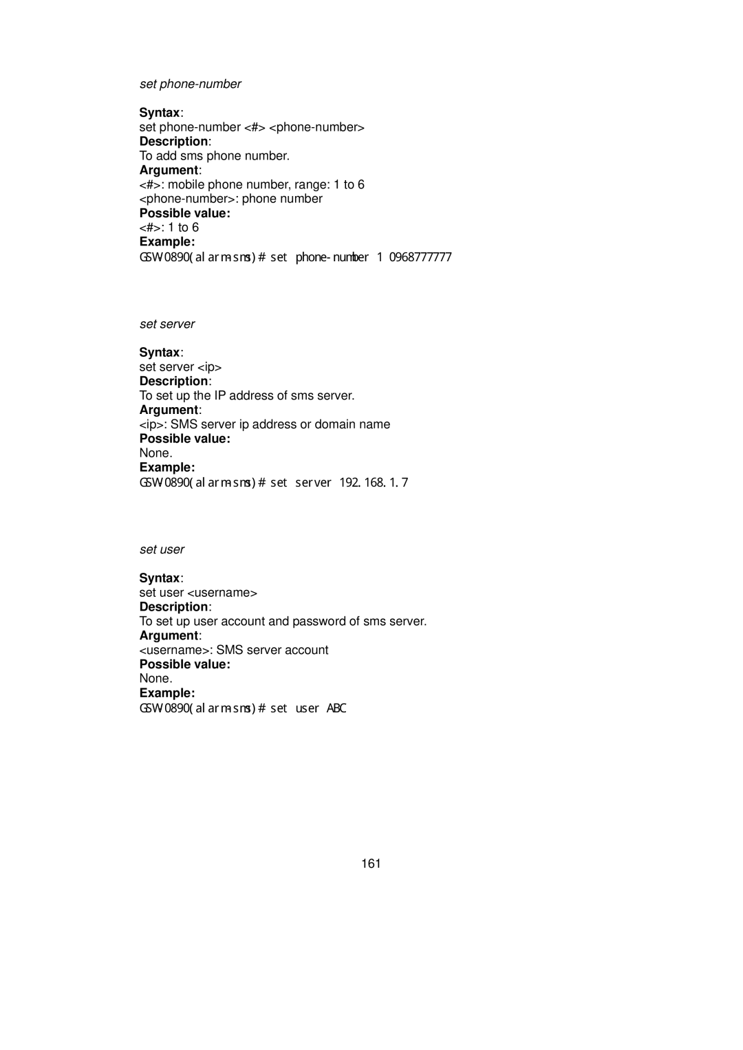 LevelOne user manual GSW-0890alarm-sms# set phone-number 1 