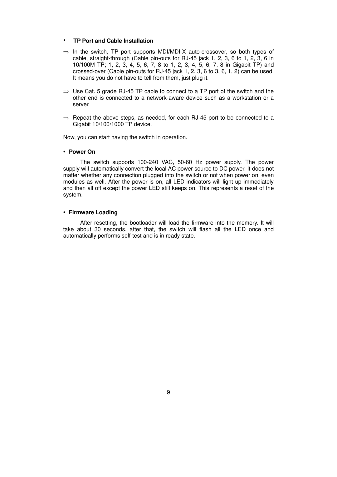 LevelOne GSW-0890 user manual TP Port and Cable Installation, Power On, Firmware Loading 