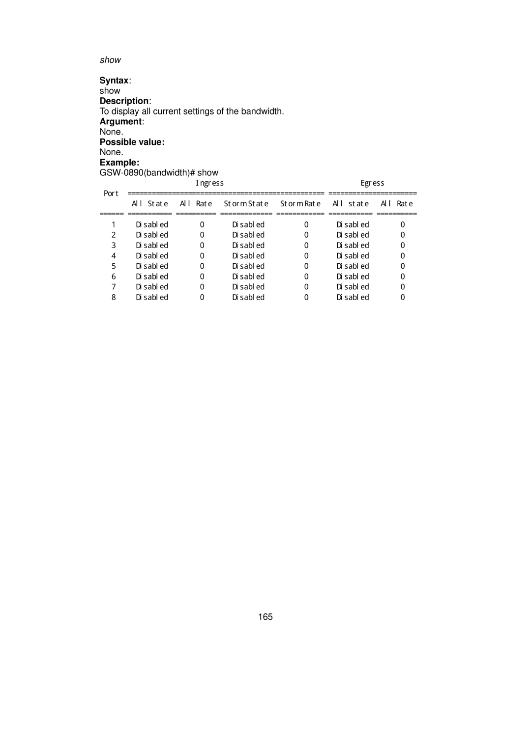 LevelOne GSW-0890 user manual To display all current settings of the bandwidth 