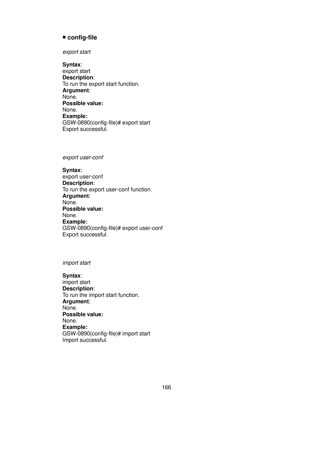 LevelOne GSW-0890 user manual Config-file, Syntax export start Description, Syntax import start Description 