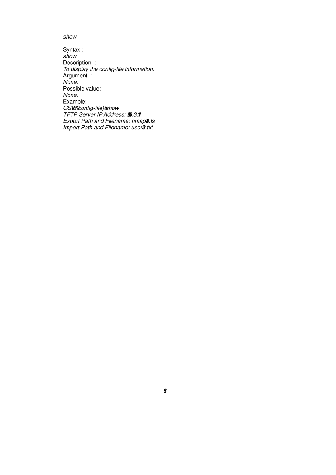 LevelOne user manual Syntax show Description, Example GSW-0890config-file# show 