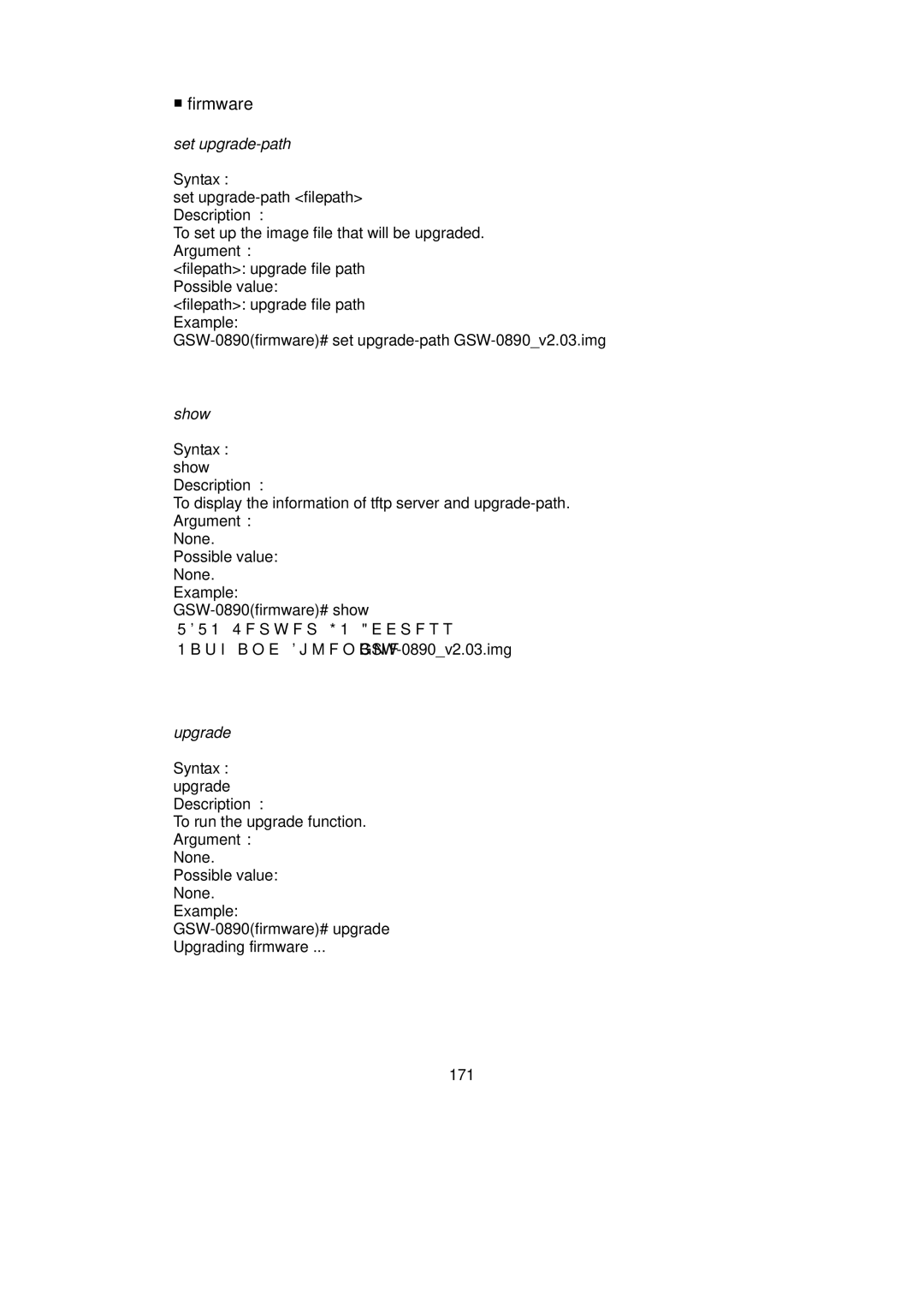 LevelOne GSW-0890 user manual Firmware, Possible value filepath upgrade file path Example, Syntax upgrade Description 