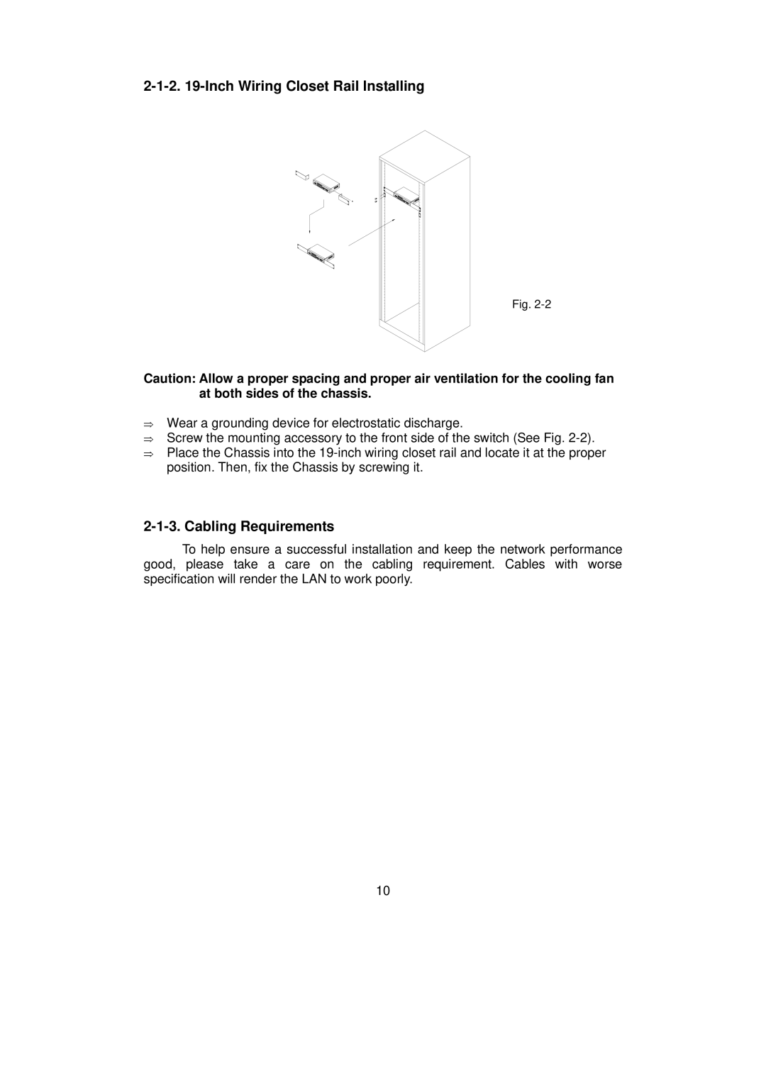 LevelOne GSW-0890 user manual Inch Wiring Closet Rail Installing, Cabling Requirements 