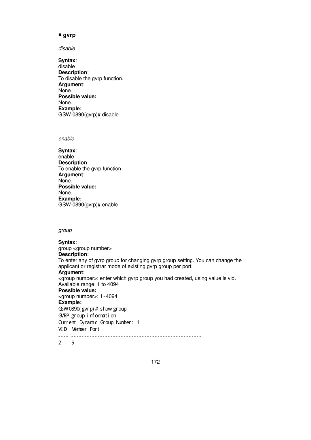 LevelOne GSW-0890 user manual Gvrp, Syntax disable Description, Syntax enable Description 