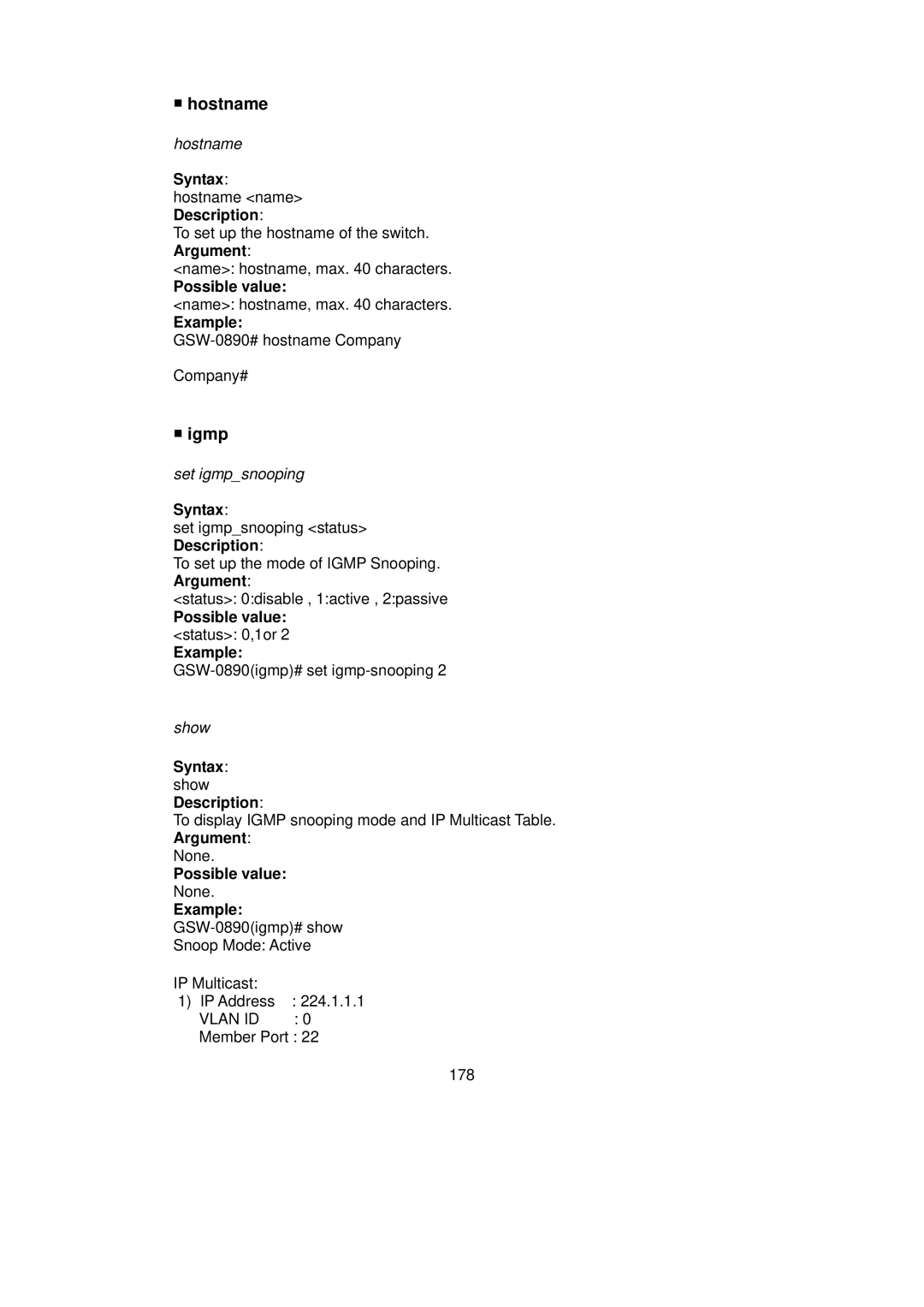 LevelOne GSW-0890 user manual Hostname, Igmp 