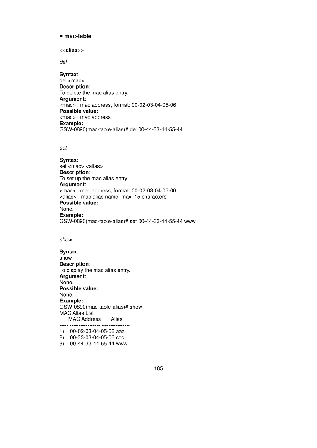 LevelOne GSW-0890 user manual Mac-table, Alias, Syntax del mac Description, Possible value mac mac address Example 