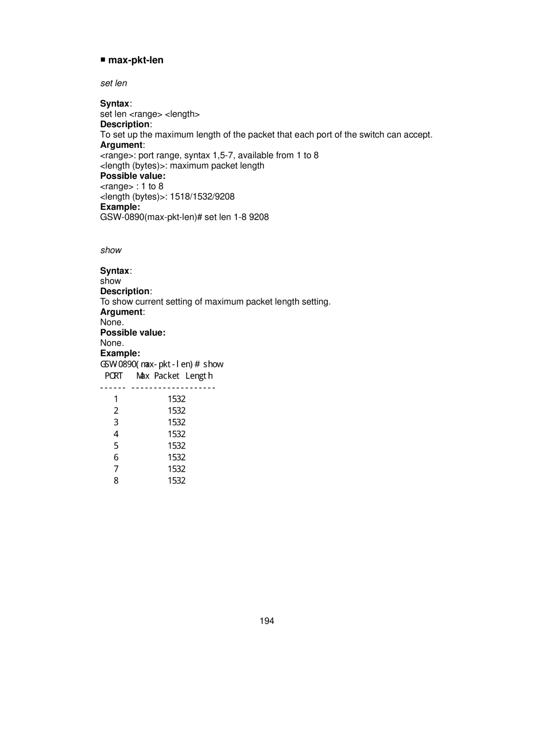 LevelOne GSW-0890 user manual Max-pkt-len, Possible value range 1 to 