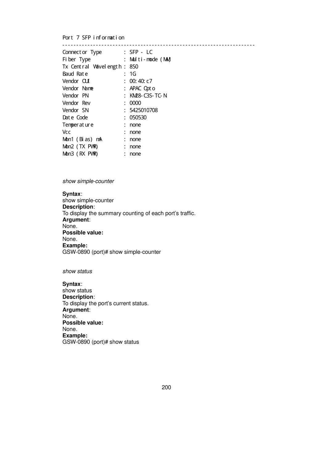 LevelOne GSW-0890 user manual Syntax show status Description, Argument 