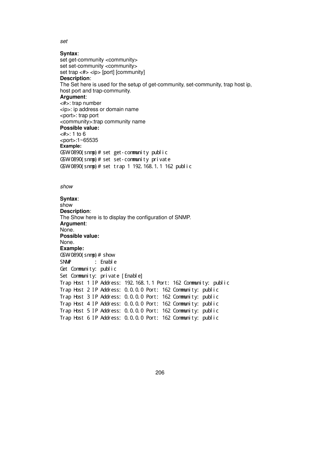 LevelOne GSW-0890 user manual Possible value # 1 to 6 port1~65535, Enable Get Community public Set Community private Enable 