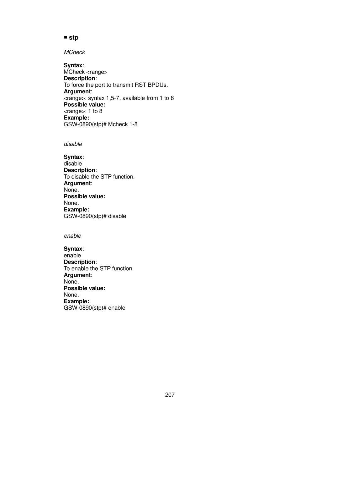 LevelOne GSW-0890 user manual Stp, Syntax disable Description 