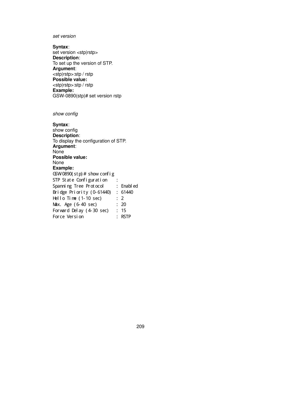 LevelOne GSW-0890 user manual Possible value stprstpstp / rstp Example, Syntax show config Description 