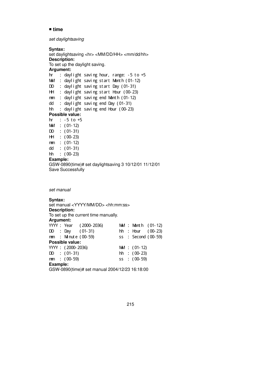 LevelOne GSW-0890 user manual Time, Hr daylight saving hour, range -5 to +5 