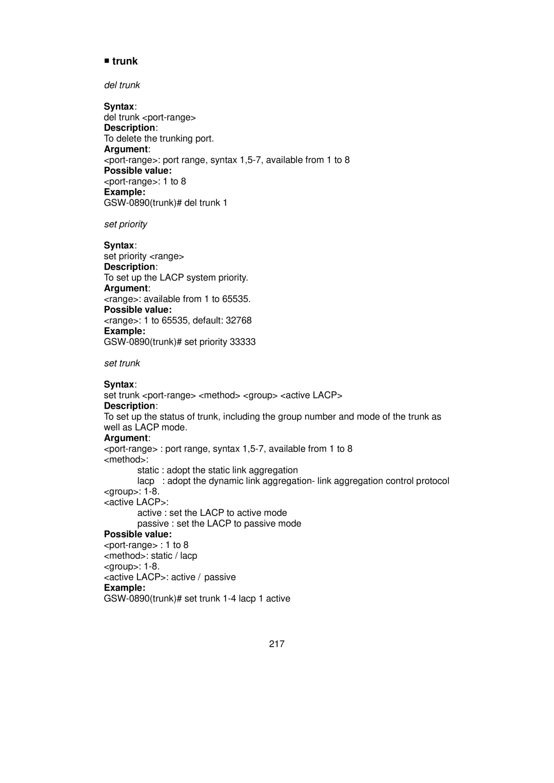 LevelOne GSW-0890 user manual Trunk, Possible value port-range 1 to 8 method static / lacp group 