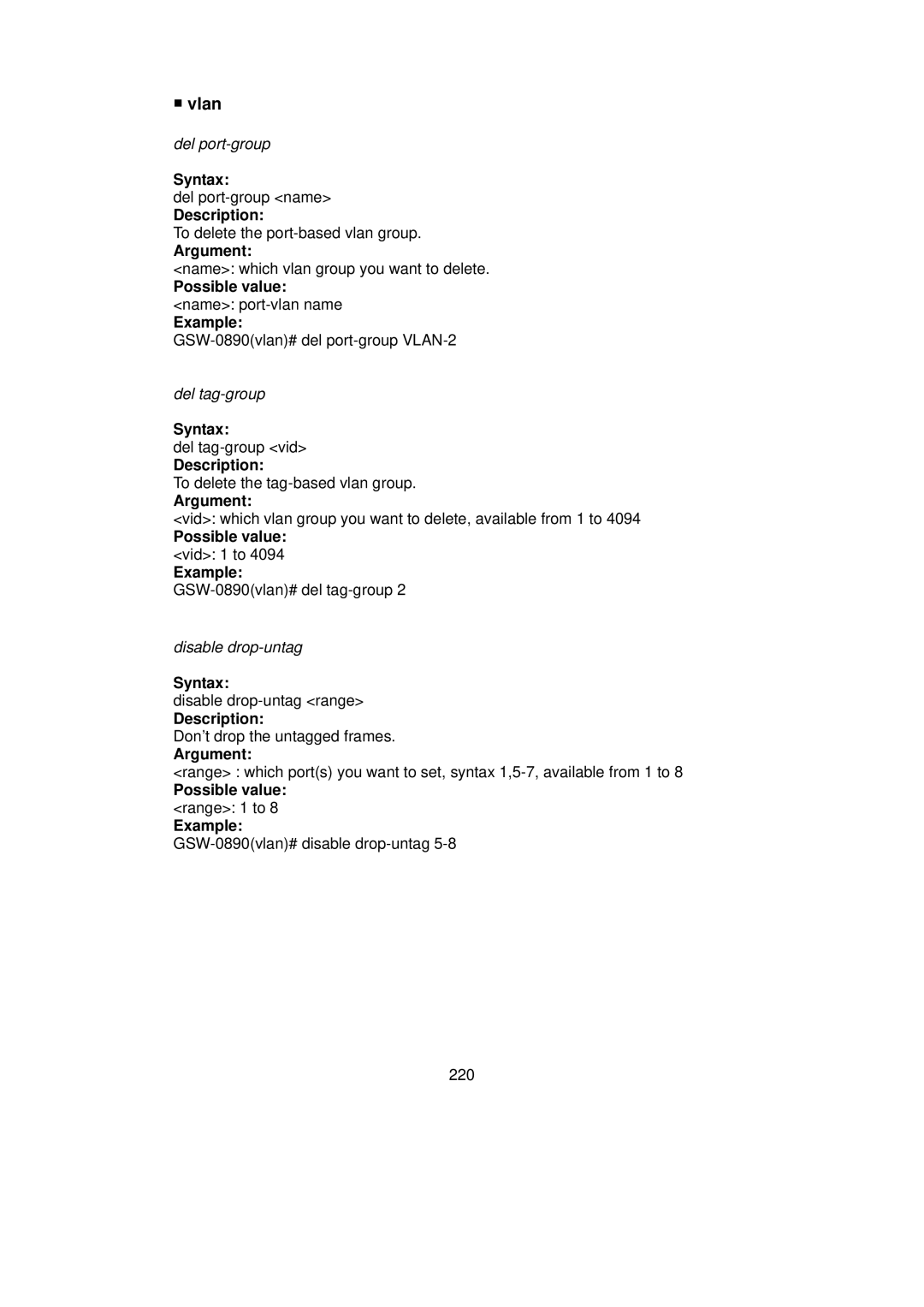 LevelOne GSW-0890 user manual Vlan, Possible value name port-vlan name Example 