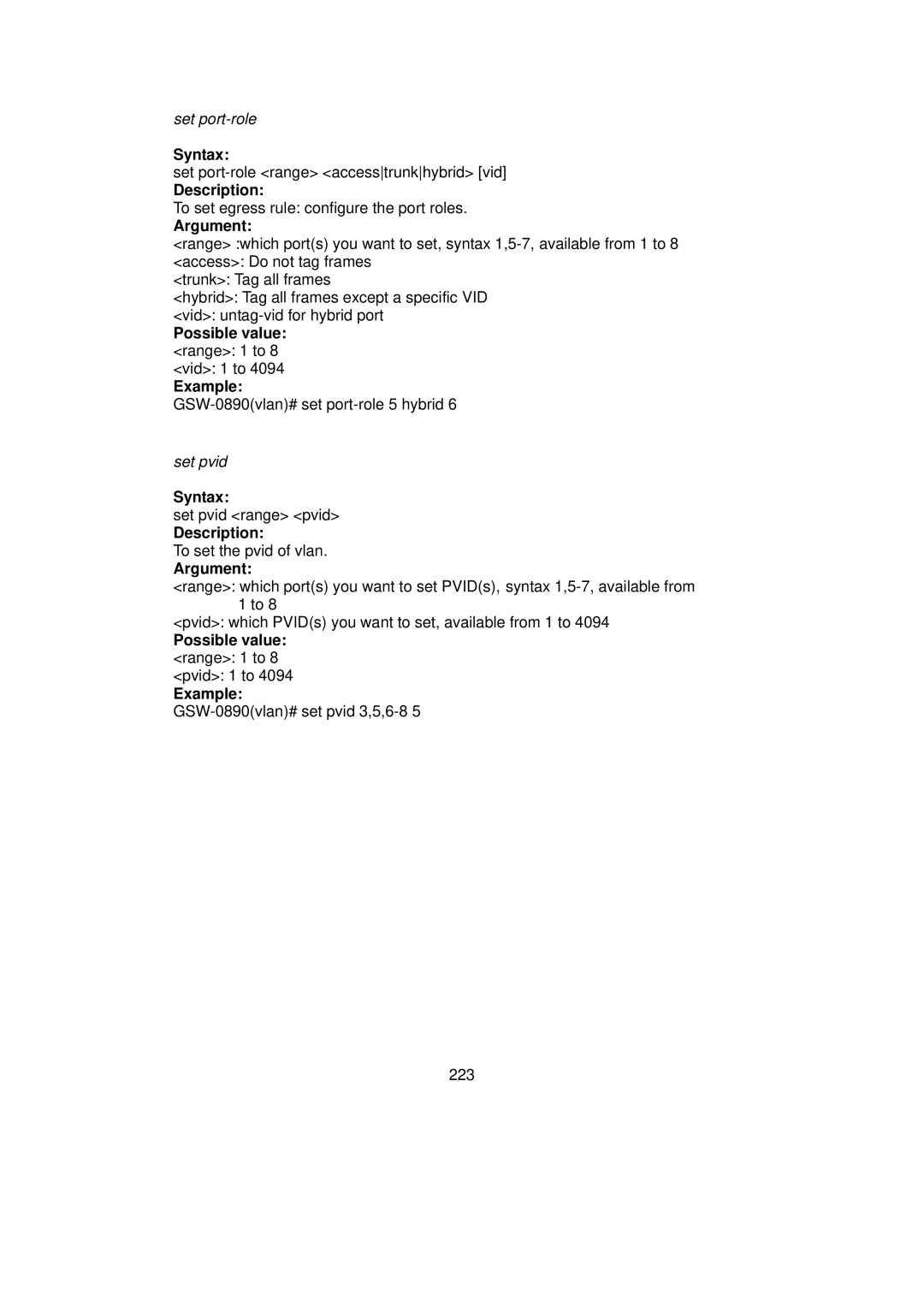 LevelOne GSW-0890 user manual Possible value range 1 to 8 vid 1 to Example, Possible value range 1 to 8 pvid 1 to Example 