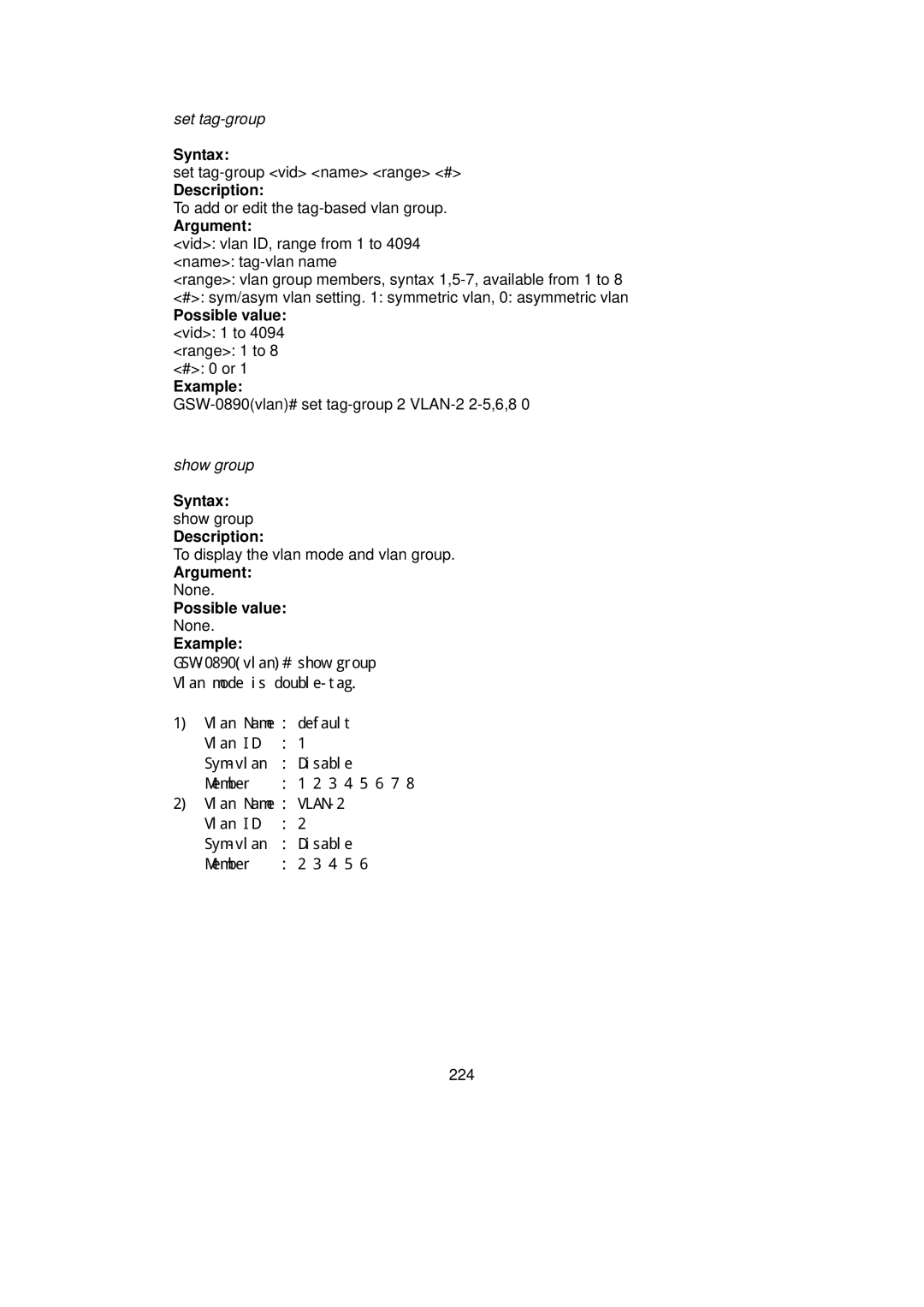 LevelOne GSW-0890 user manual Possible value vid 1 to 4094 range 1 to 8 # 0 or Example 