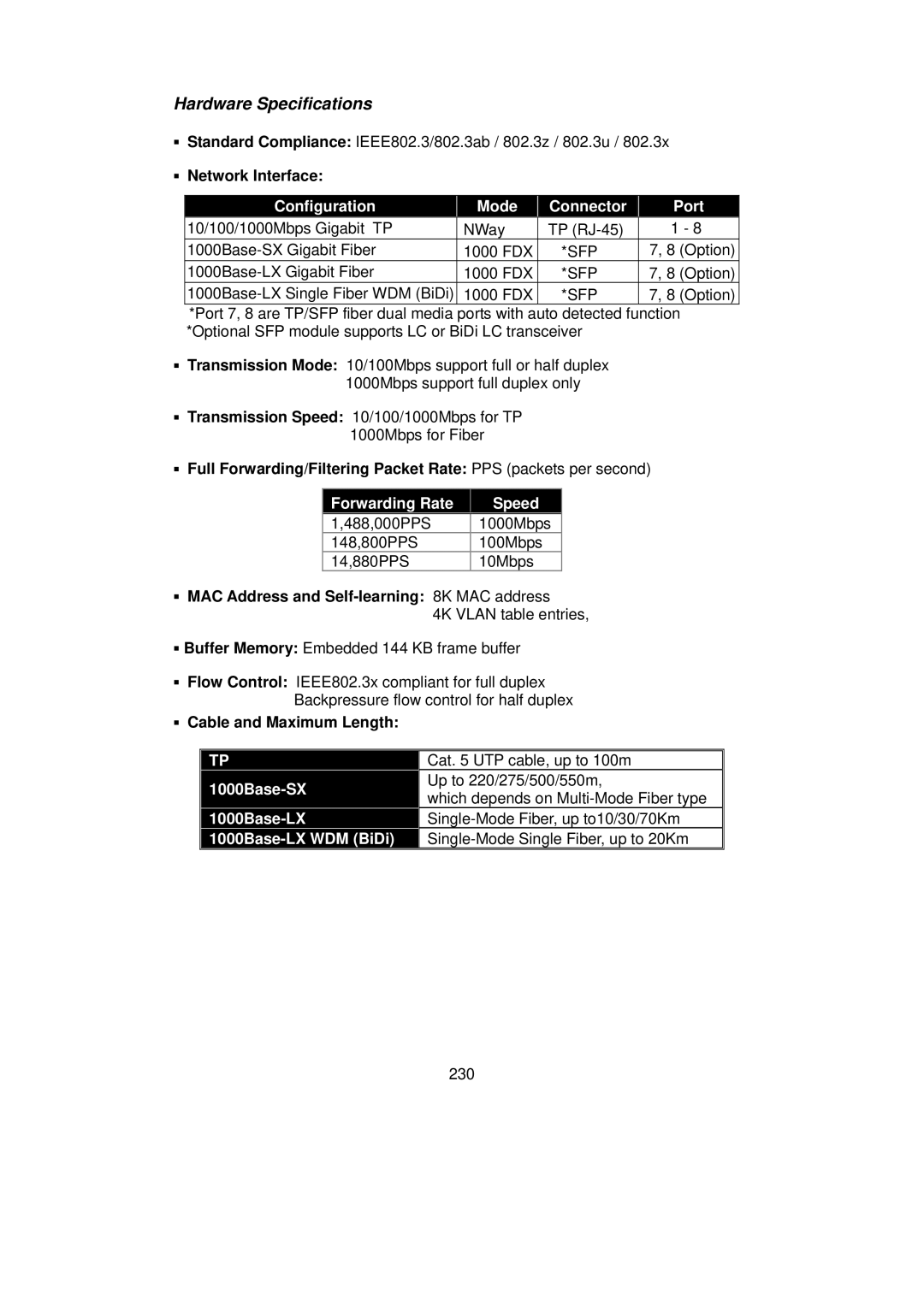 LevelOne GSW-0890 user manual Network Interface, ƒ MAC Address and Self-learning 8K MAC address, ƒ Cable and Maximum Length 