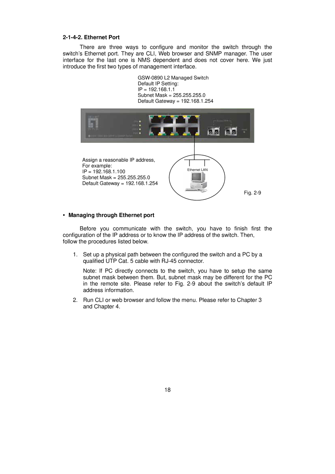 LevelOne GSW-0890 user manual Ethernet Port, Managing through Ethernet port 