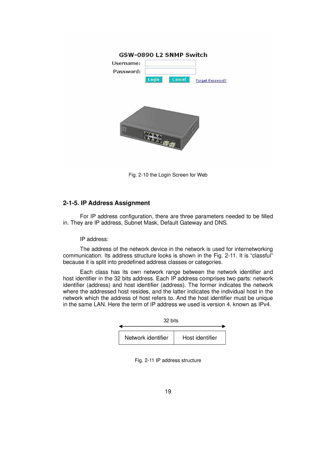 LevelOne GSW-0890 user manual IP Address Assignment, the Login Screen for Web 