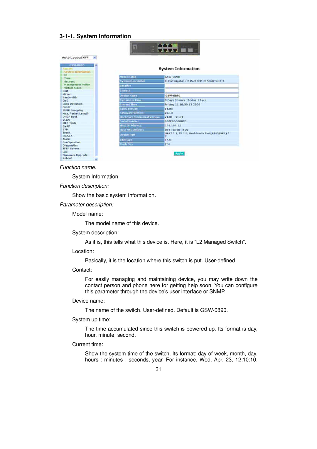 LevelOne GSW-0890 user manual System Information, Parameter description 