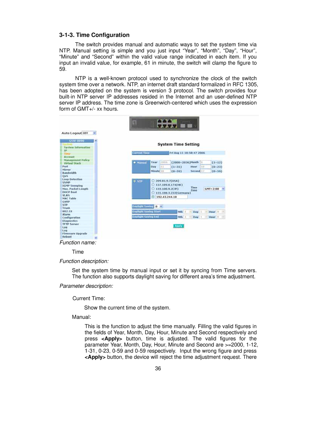 LevelOne GSW-0890 user manual Time Configuration 