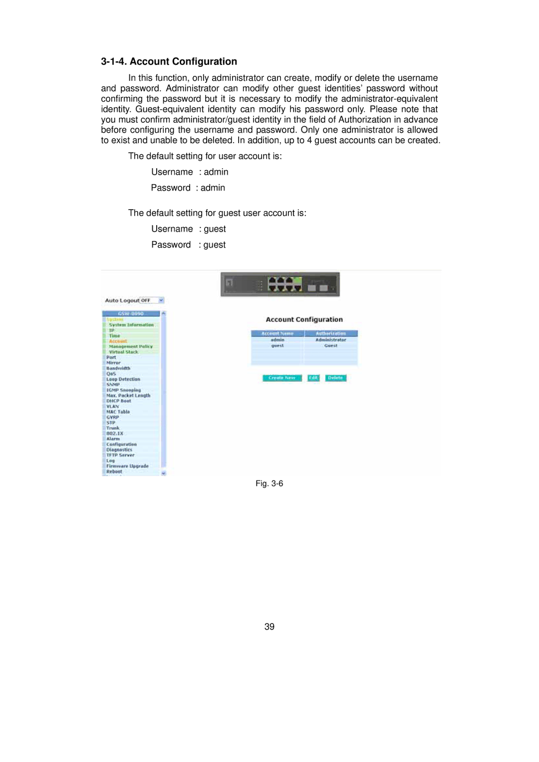 LevelOne GSW-0890 user manual Account Configuration 