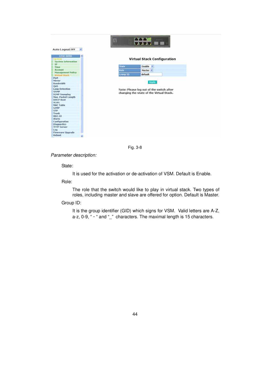 LevelOne GSW-0890 user manual Parameter description 