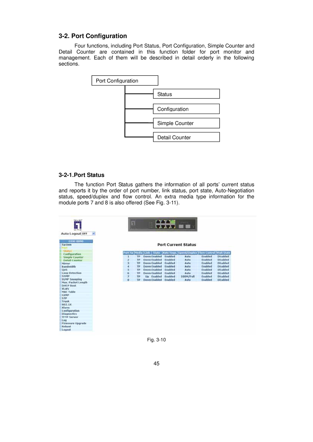 LevelOne GSW-0890 user manual Port Configuration, Port Status 