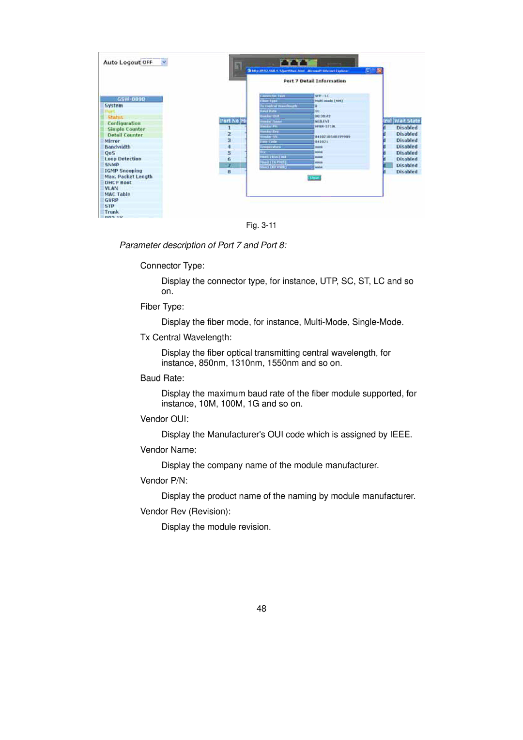 LevelOne GSW-0890 user manual Parameter description of Port 7 and Port 