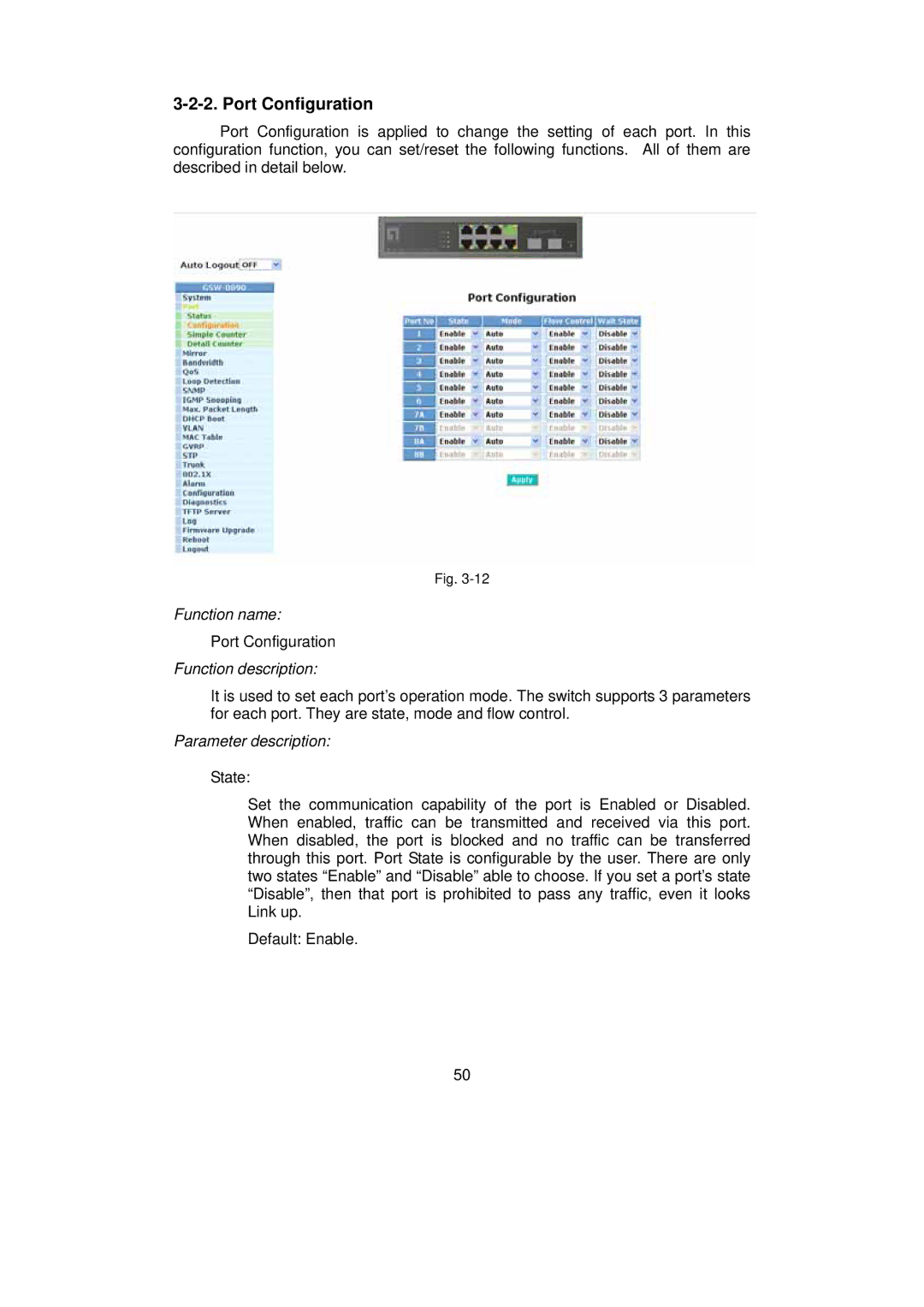 LevelOne GSW-0890 user manual Port Configuration 