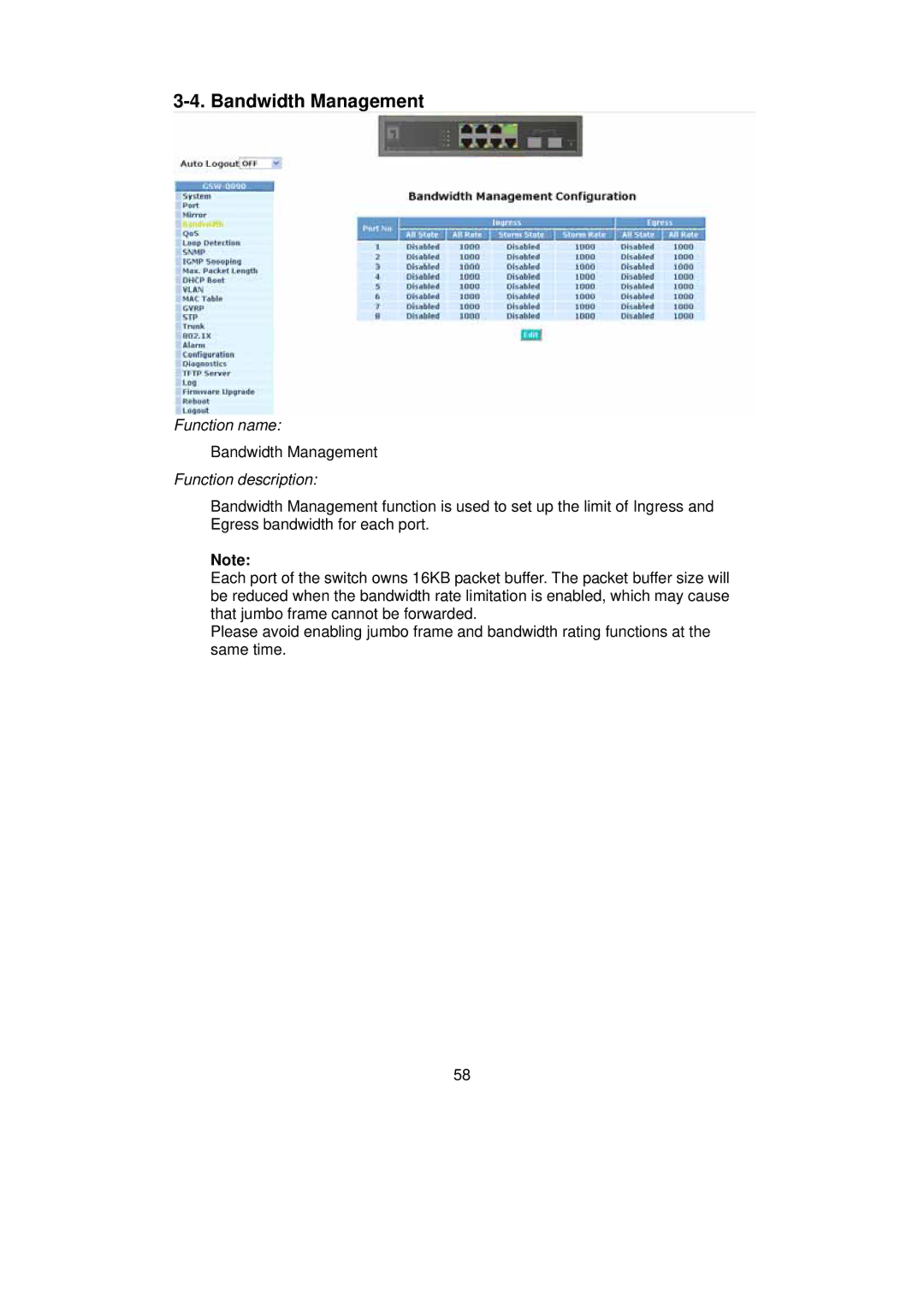 LevelOne GSW-0890 user manual Bandwidth Management 