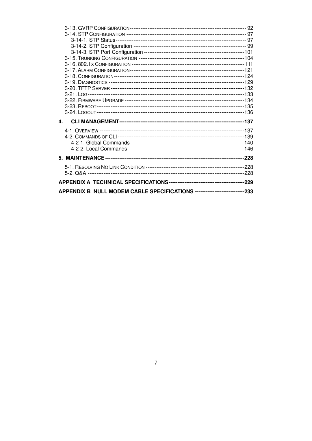 LevelOne GSW-0890 user manual CLI Management 137, Maintenance 228, Appendix a Technical Specifications 229, 233 