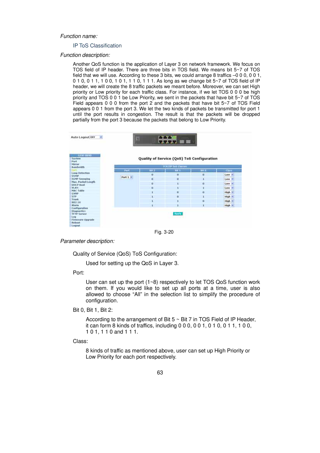 LevelOne GSW-0890 user manual IP ToS Classification 