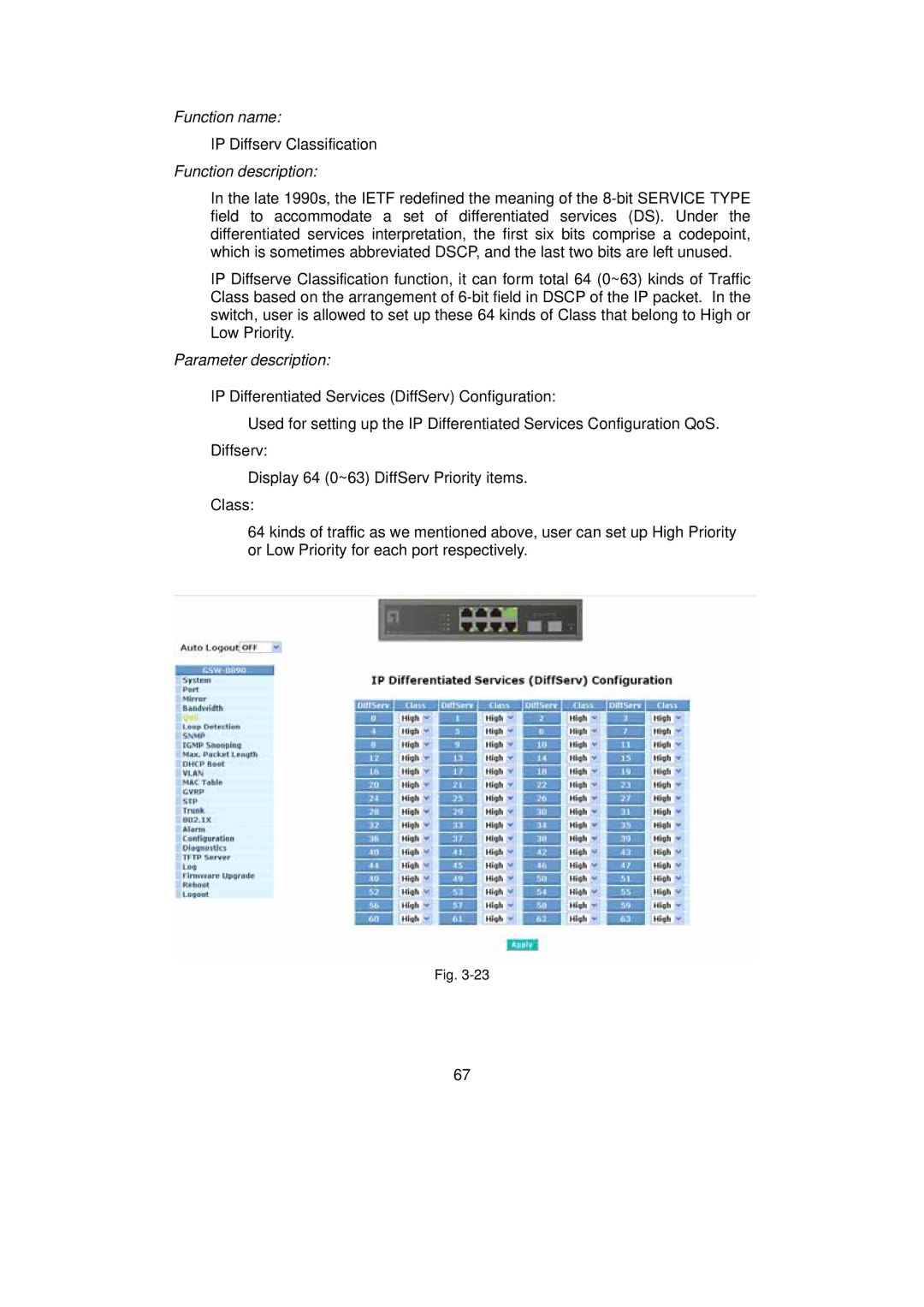 LevelOne GSW-0890 user manual IP Diffserv Classification 