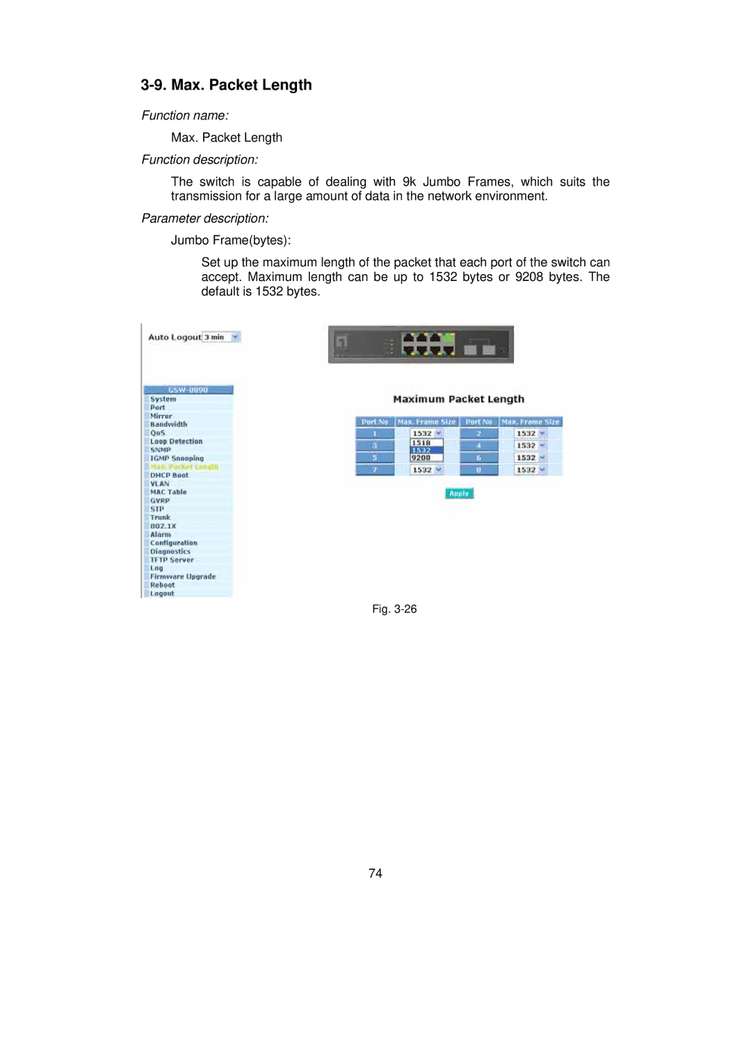 LevelOne GSW-0890 user manual Max. Packet Length 