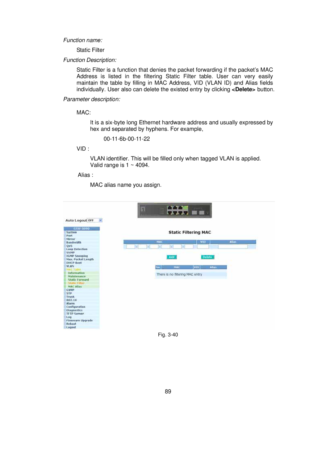 LevelOne GSW-0890 user manual Static Filter 