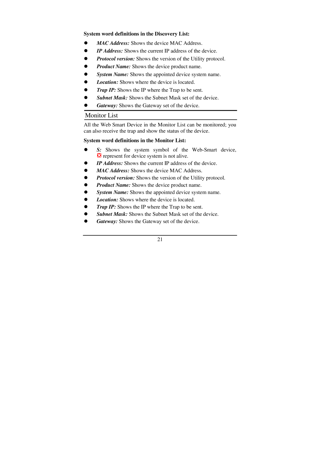 LevelOne GSW-1675T manual Monitor List, System word definitions in the Discovery List 