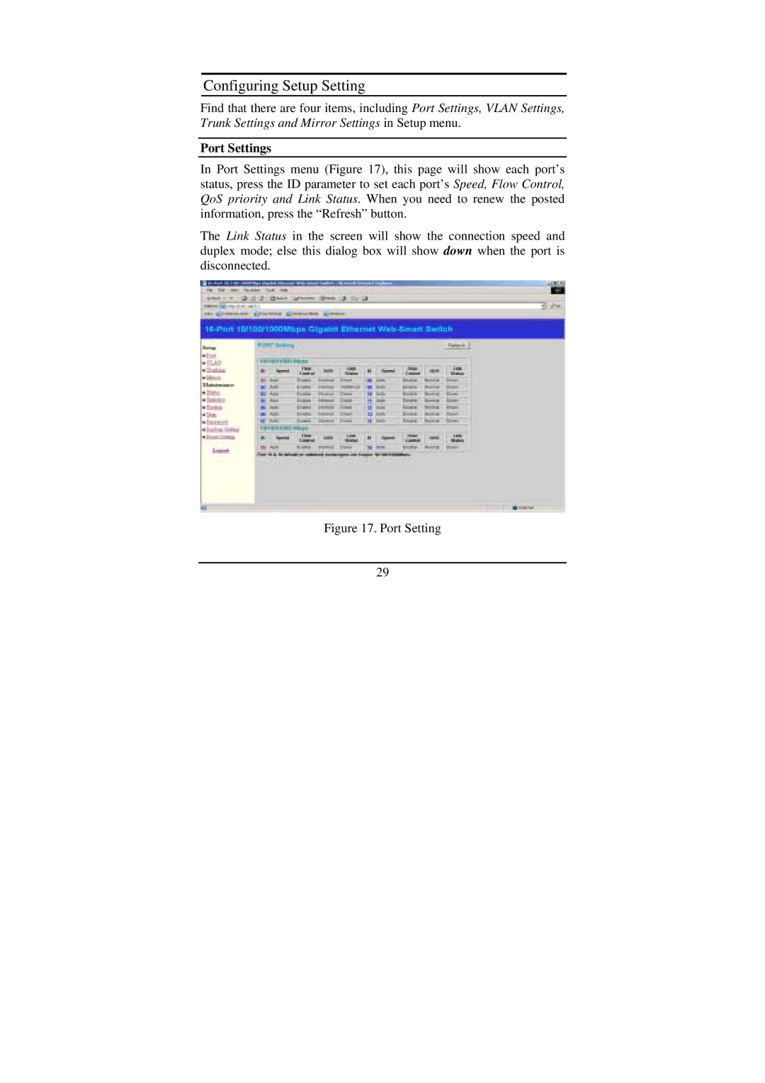 LevelOne GSW-1675T manual Configuring Setup Setting, Port Settings 