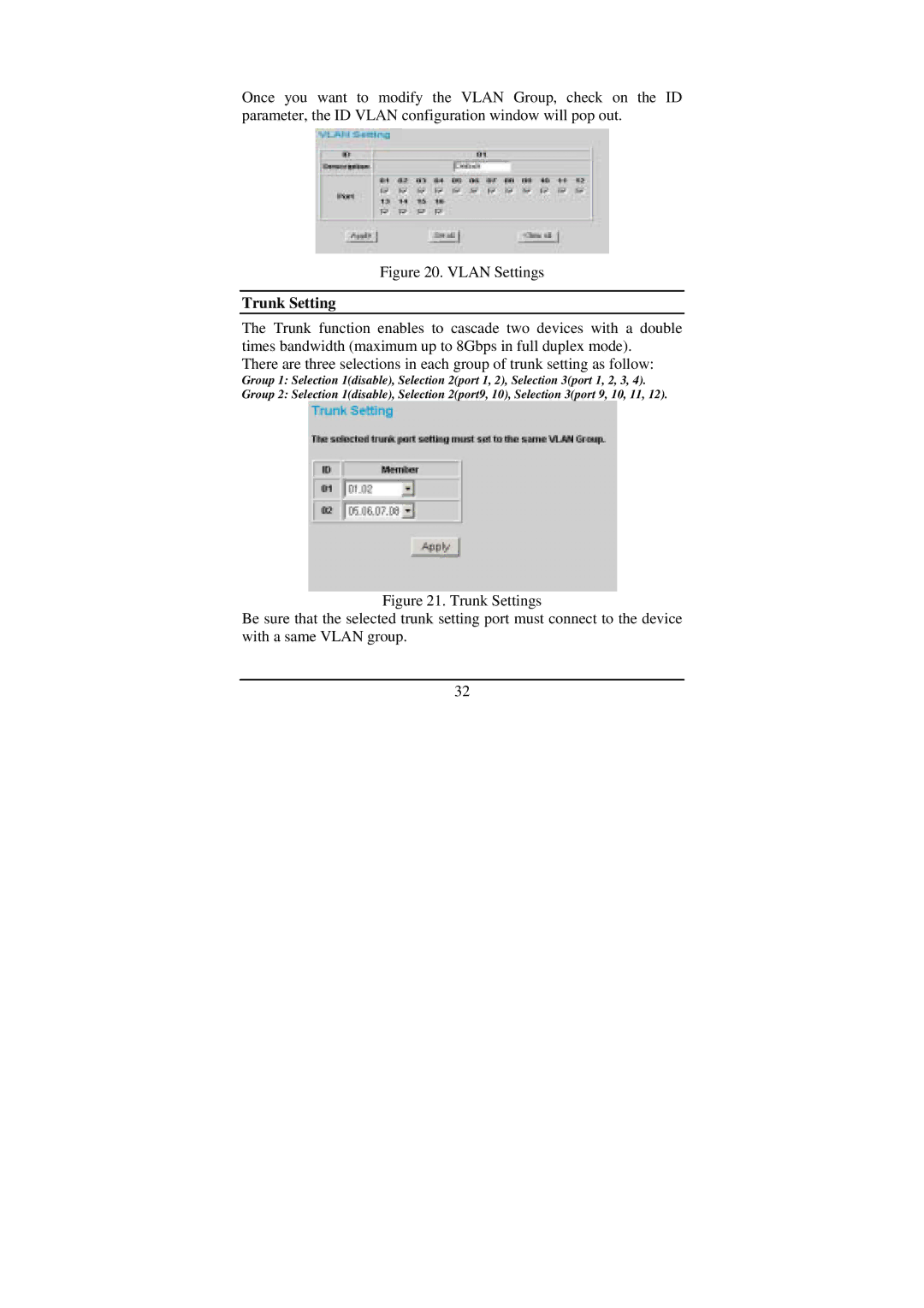 LevelOne GSW-1675T manual Vlan Settings, Trunk Setting 