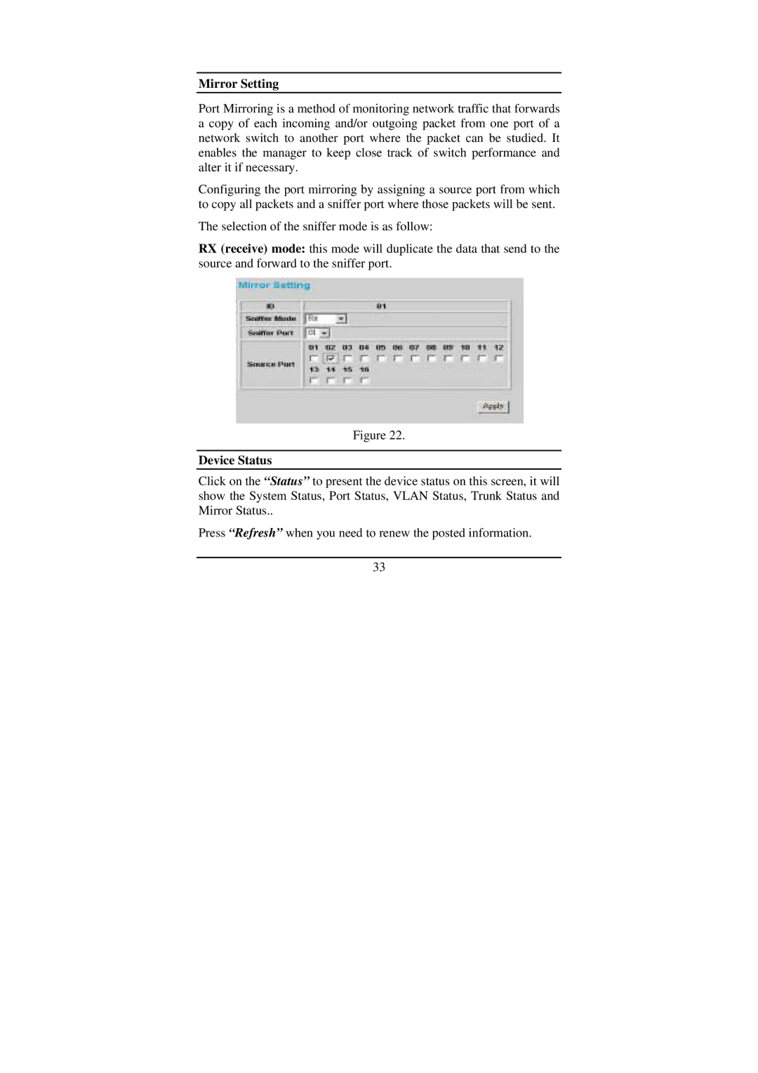 LevelOne GSW-1675T manual Mirror Setting, Device Status 