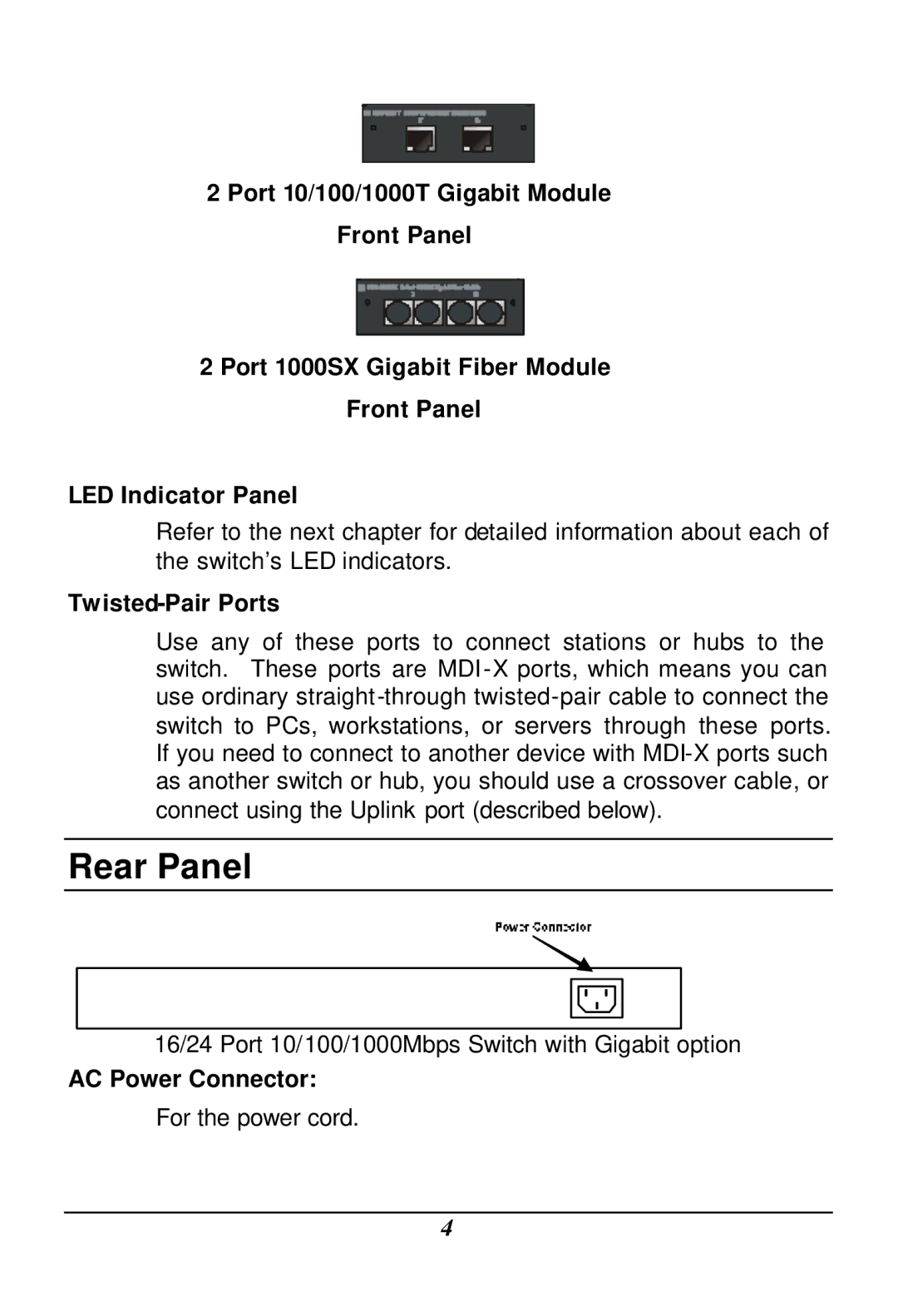 LevelOne GSW-2401TX, GSW-1601TX user manual Twisted-Pair Ports, AC Power Connector 