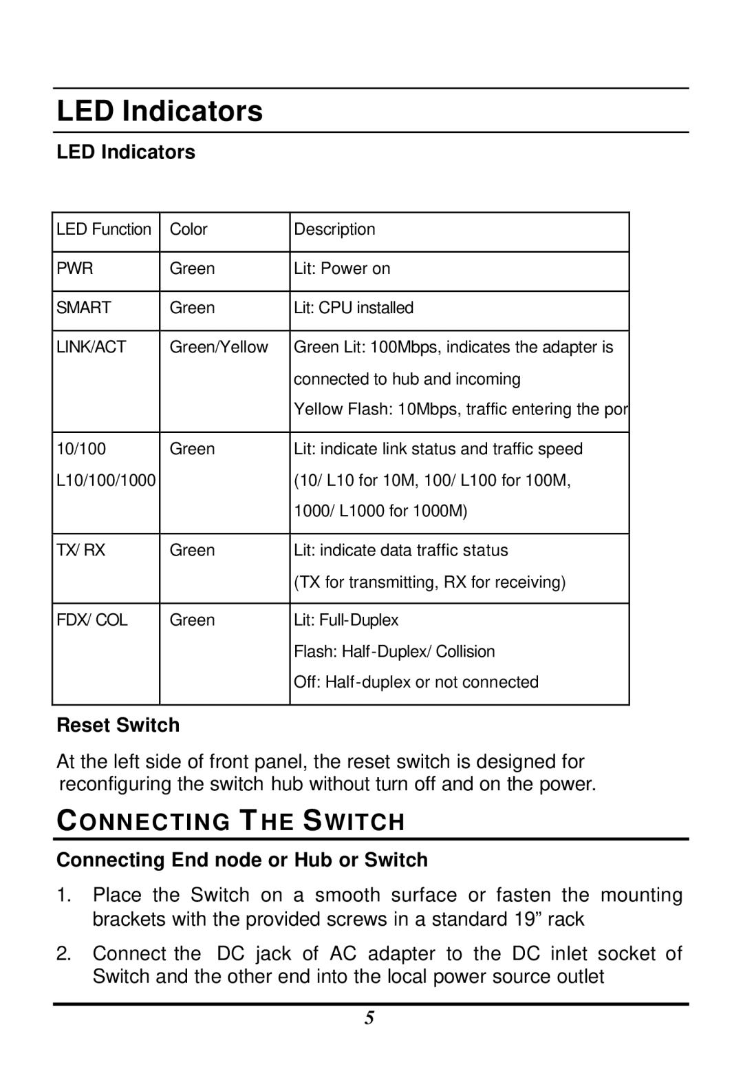 LevelOne GSW-1601TX, GSW-2401TX user manual LED Indicators, Reset Switch, Connecting End node or Hub or Switch 