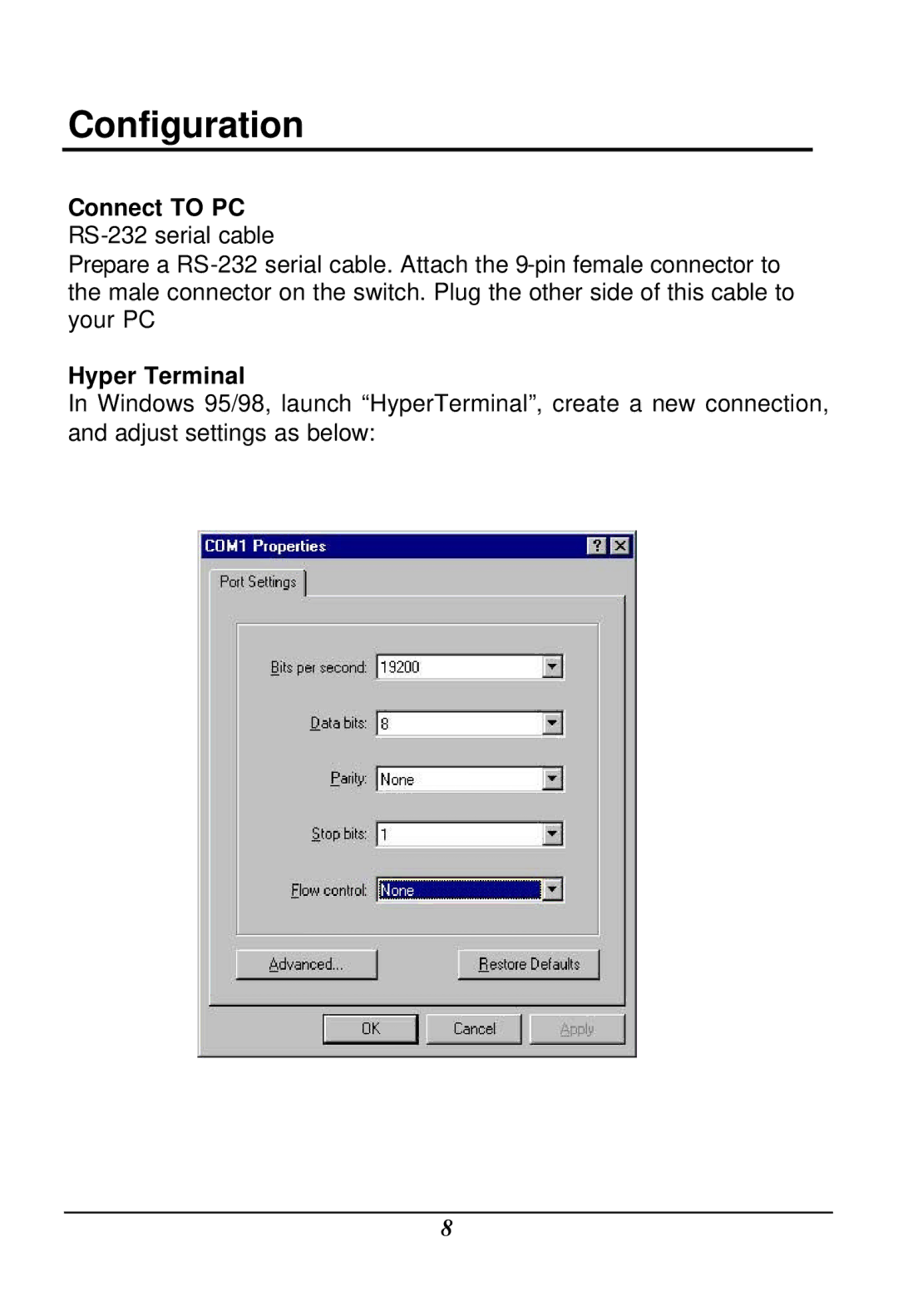 LevelOne GSW-2401TX, GSW-1601TX user manual Connect to PC RS-232 serial cable, Hyper Terminal 