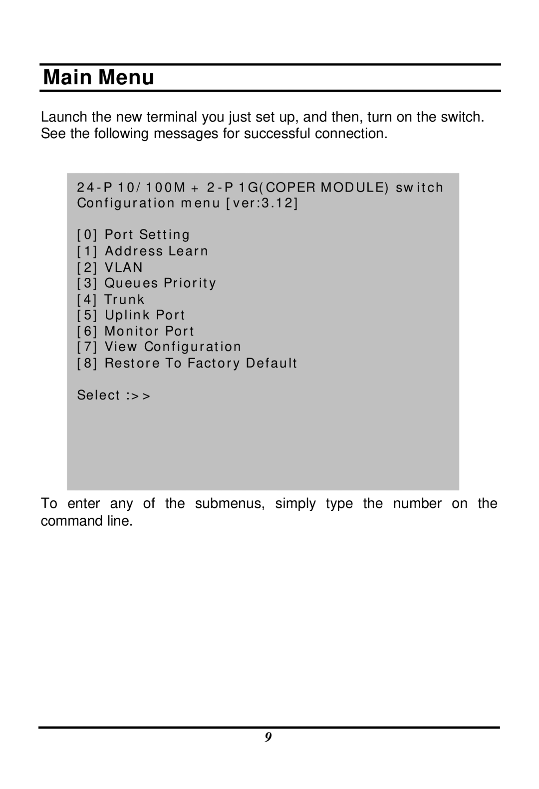 LevelOne GSW-1601TX, GSW-2401TX user manual Main Menu 